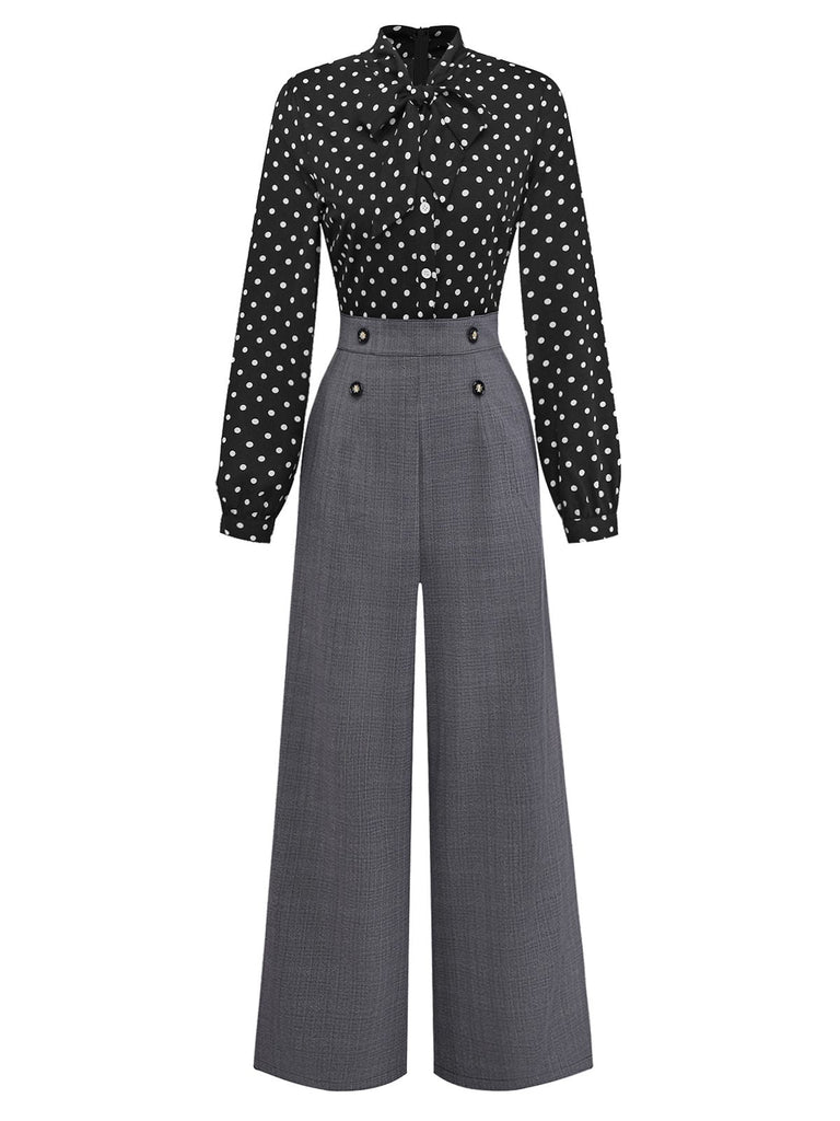[Vorverkauf] Schwarz 1950er Polka Dot Patchwork Krawattenhals Jumpsuit