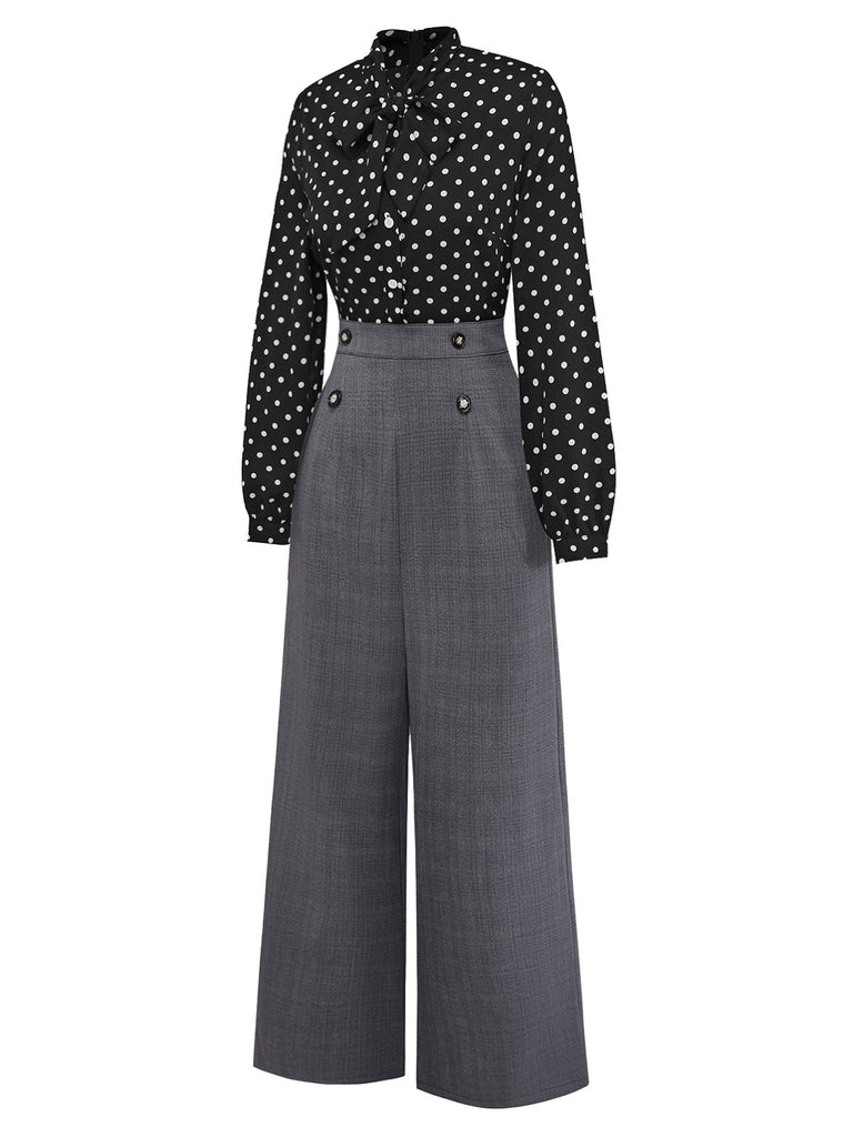 [Vorverkauf] Schwarz 1950er Polka Dot Patchwork Krawattenhals Jumpsuit