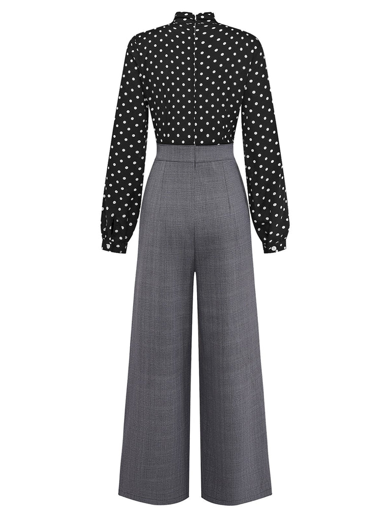 [Vorverkauf] Schwarz 1950er Polka Dot Patchwork Krawattenhals Jumpsuit