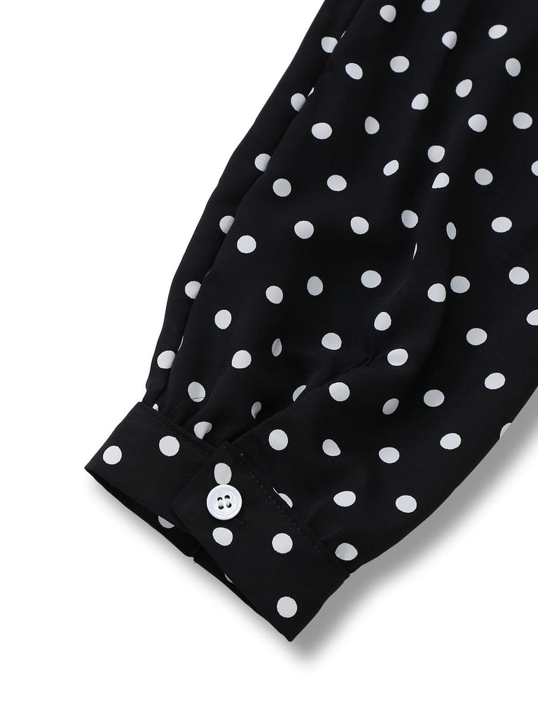 [Vorverkauf] Schwarz 1950er Polka Dot Patchwork Krawattenhals Jumpsuit