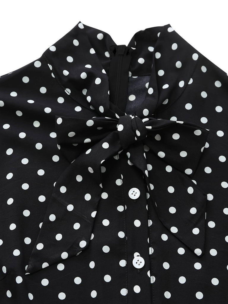[Vorverkauf] Schwarz 1950er Polka Dot Patchwork Krawattenhals Jumpsuit