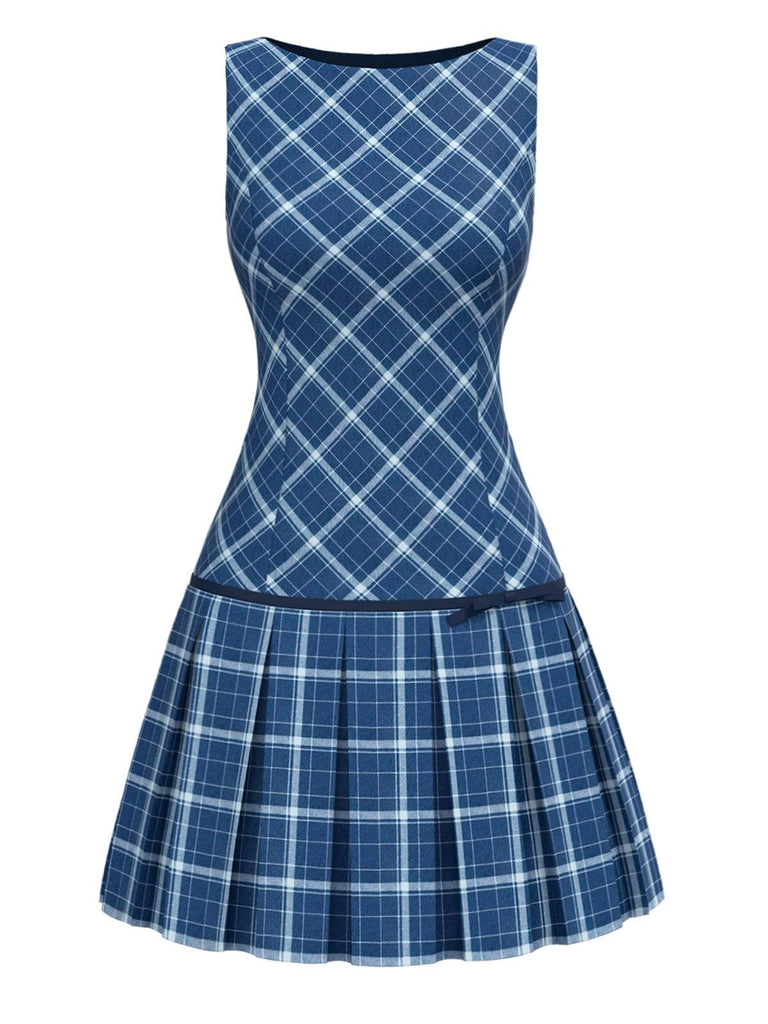 [Vorverkauf] Blau 1960er Tartan Bogen Plissiertes Mod Kleid