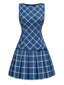 [Vorverkauf] Blau 1960er Tartan Bogen Plissiertes Mod Kleid