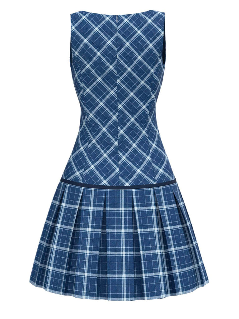 [Vorverkauf] Blau 1960er Tartan Bogen Plissiertes Mod Kleid