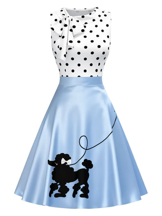 [Vorverkauf] Blau 1950er Pudel Polka Dot Farbblock Bogen Kleid