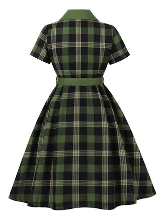 1950er Gingham Plaid Tasten Revers Gürtel Kleid