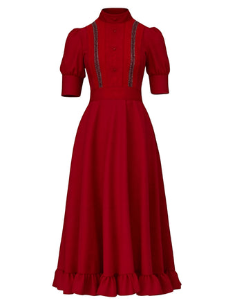 Rot 1940er X-Prequel Perle Spitze Rüschensaum Kleid