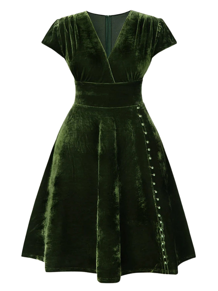 [Vorverkauf] [Übergröße] Grün 1940er Tief V-Ausschnitt Perle Samt Kleid