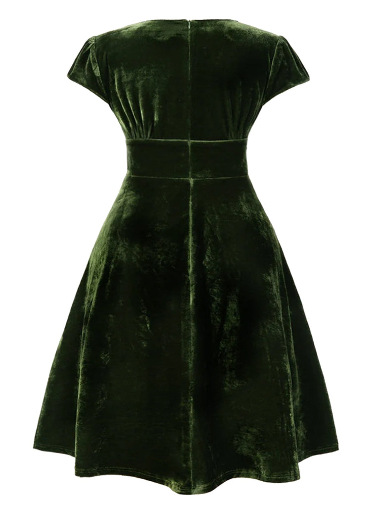 [Vorverkauf] [Übergröße] Grün 1940er Tief V-Ausschnitt Perle Samt Kleid