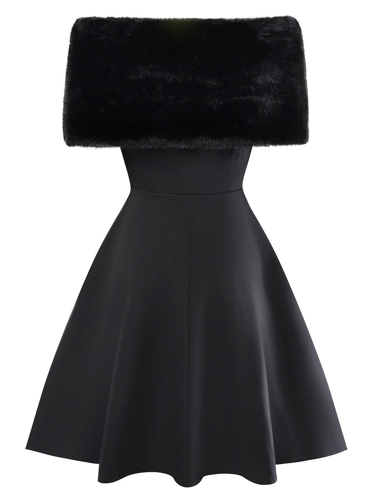 [Vorverkauf] Schwarz 1950er Solide Plüsch Kap Geknöpft Kleid