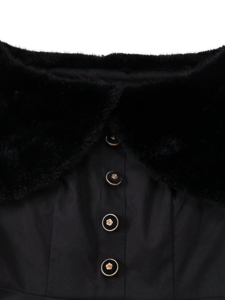 [Vorverkauf] Schwarz 1950er Solide Plüsch Kap Geknöpft Kleid