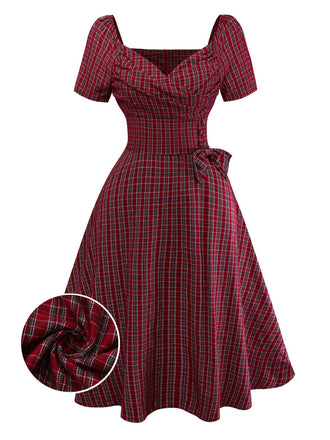 [Vorverkauf] Rot 1950er Plaid Gerüschtes Herzförmiger Hals Bogen Kleid
