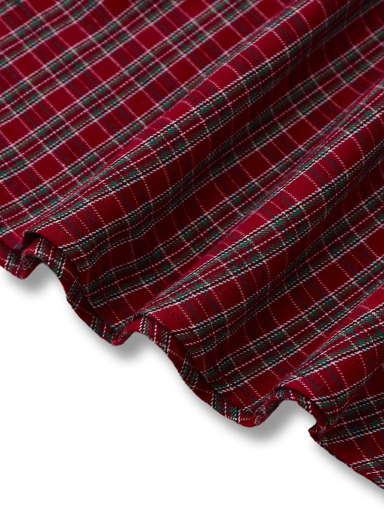 [Vorverkauf] Rot 1950er Plaid Gerüschtes Herzförmiger Hals Bogen Kleid