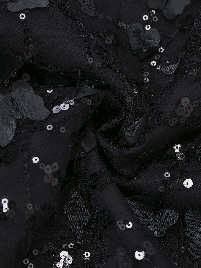 [Vorverkauf] Schwarz 1970er Spitze Schmetterling Pailletten Schulterfrei Kleid