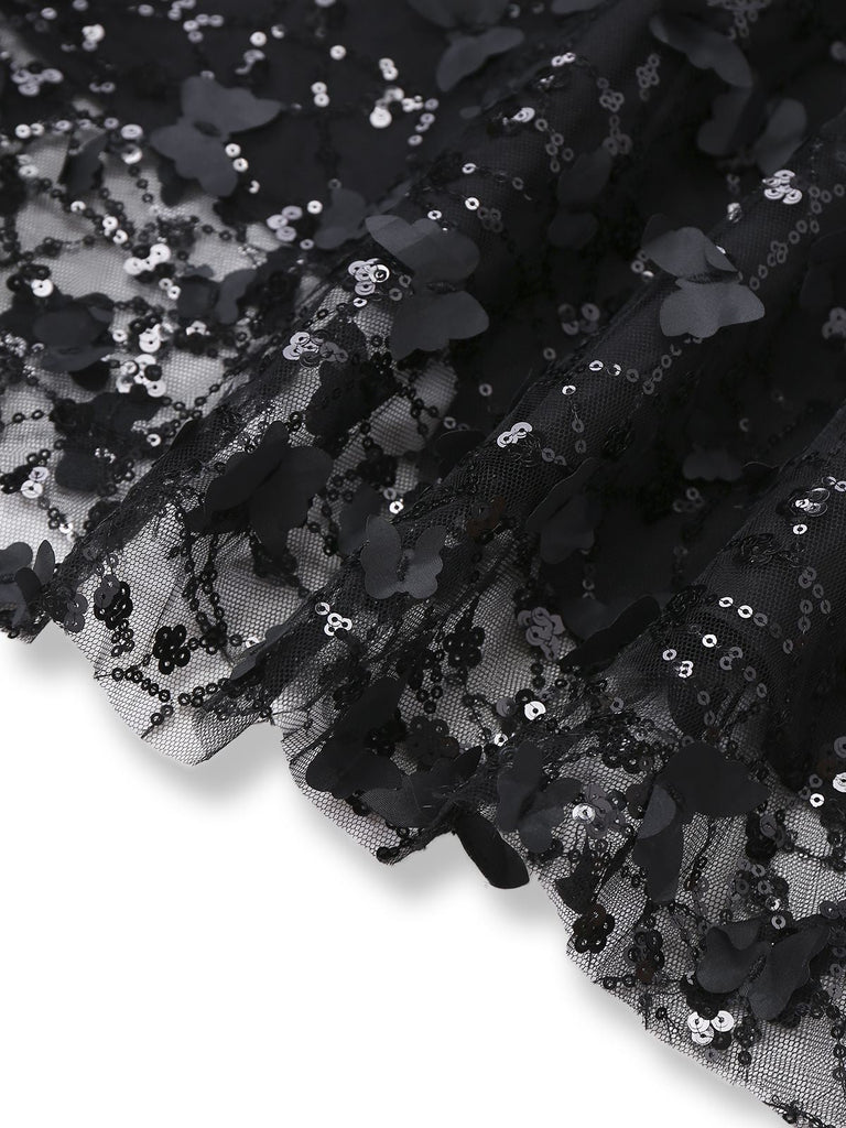 [Vorverkauf] Schwarz 1970er Spitze Schmetterling Pailletten Schulterfrei Kleid