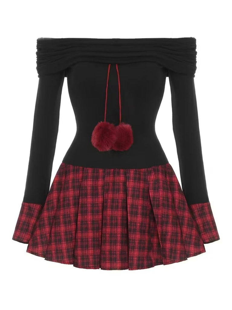 Schwarz 1960er Tartan Plaid Schulterfrei Plissiertes Kleid