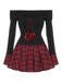 Schwarz 1960er Tartan Plaid Schulterfrei Plissiertes Kleid