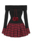 Schwarz 1960er Tartan Plaid Schulterfrei Plissiertes Kleid