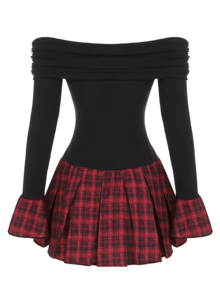 Schwarz 1960er Tartan Plaid Schulterfrei Plissiertes Kleid