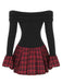 Schwarz 1960er Tartan Plaid Schulterfrei Plissiertes Kleid