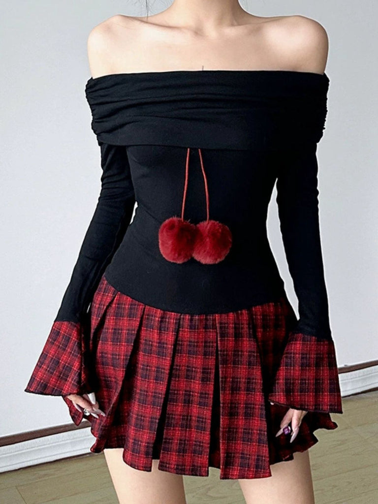 Schwarz 1960er Tartan Plaid Schulterfrei Plissiertes Kleid