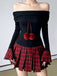 Schwarz 1960er Tartan Plaid Schulterfrei Plissiertes Kleid