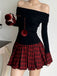 Schwarz 1960er Tartan Plaid Schulterfrei Plissiertes Kleid