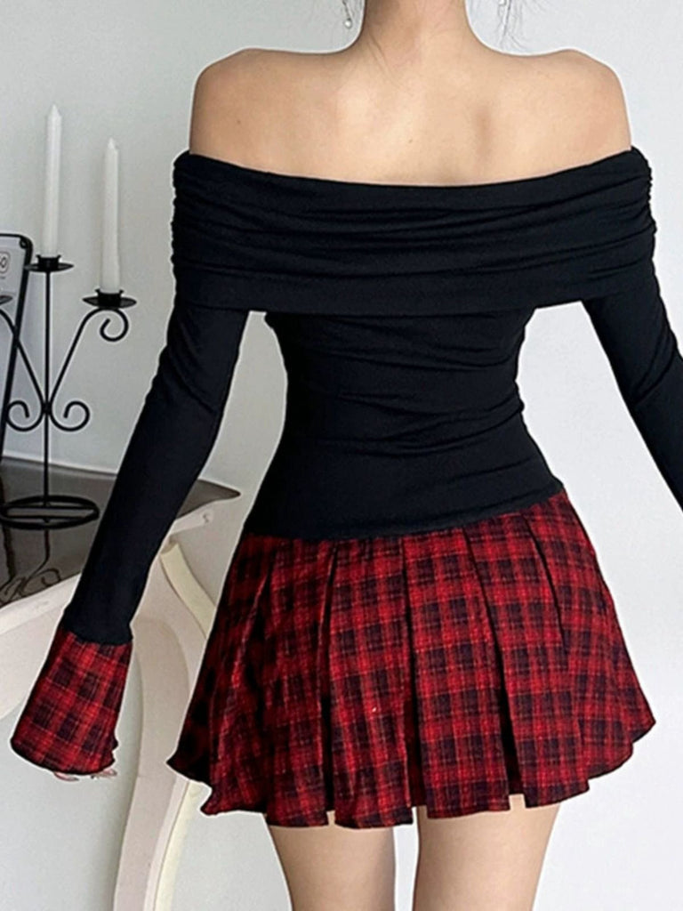 Schwarz 1960er Tartan Plaid Schulterfrei Plissiertes Kleid