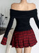 Schwarz 1960er Tartan Plaid Schulterfrei Plissiertes Kleid