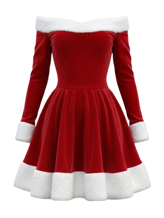Rot 1960er Weihnachten Samt Schulterfrei Langarm Kleid