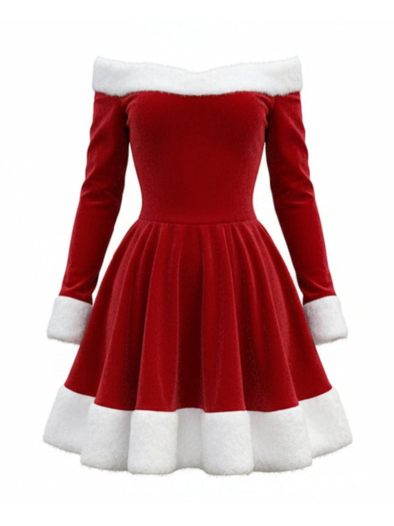 Rot 1960er Weihnachten Samt Schulterfrei Langarm Kleid
