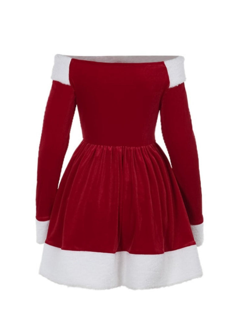 Rot 1960er Weihnachten Samt Schulterfrei Langarm Kleid