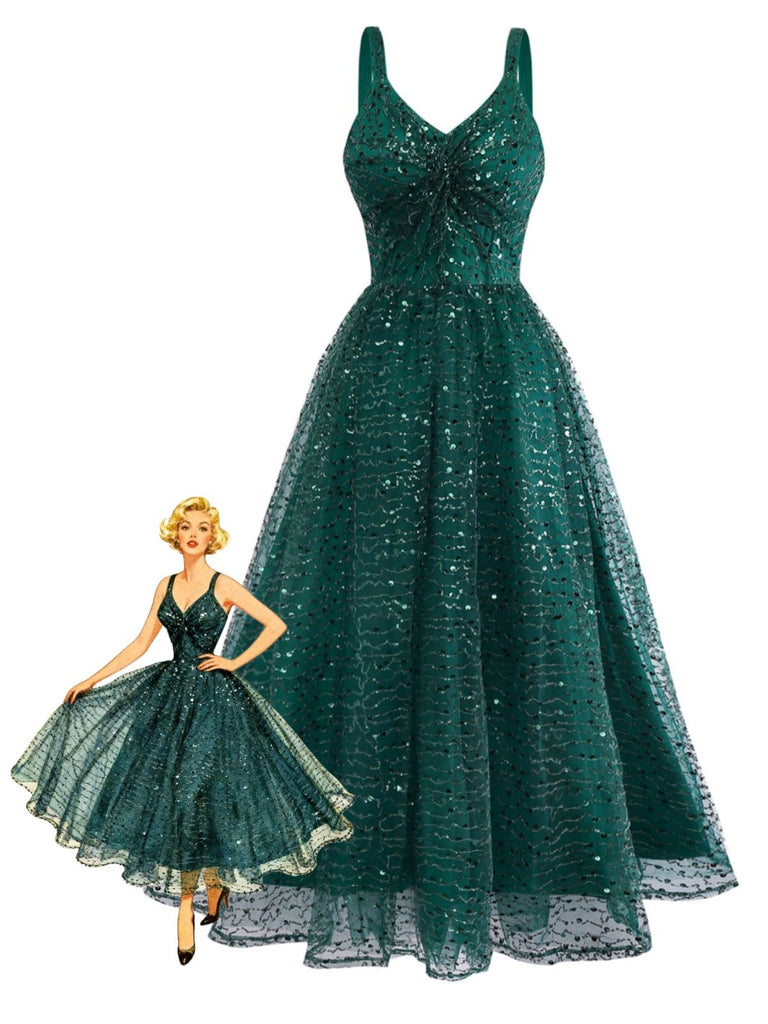 Grün 1930er Verdreht Pailletten Netz Kleid