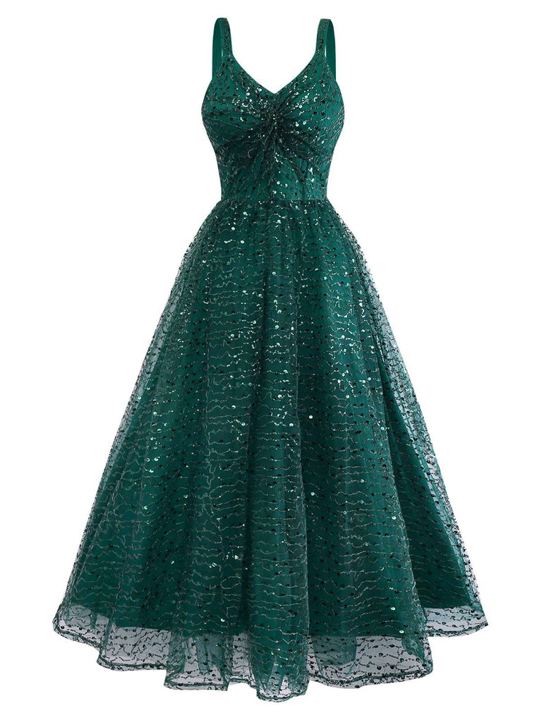 Grün 1930er Verdreht Pailletten Netz Kleid