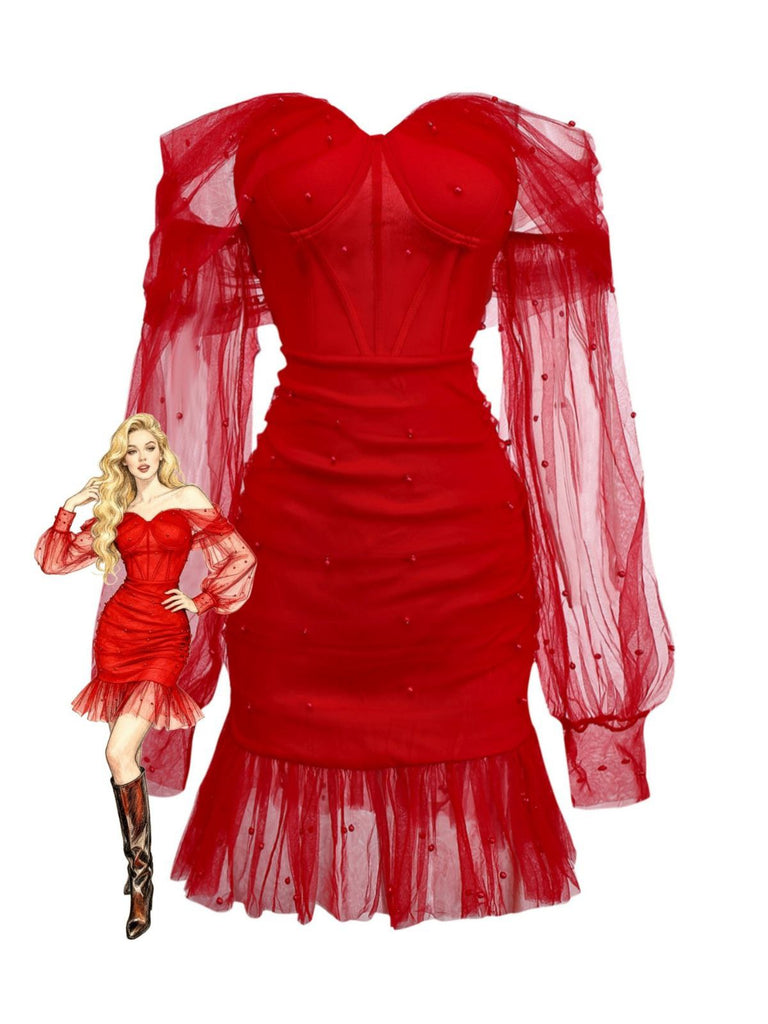 1960er Perlen Herzförmiger Hals Schulterfrei Netz Kleid