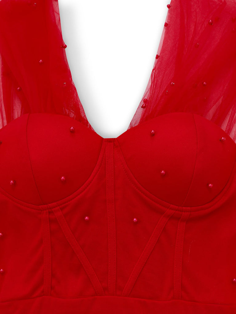 1960er Perlen Herzförmiger Hals Schulterfrei Netz Kleid