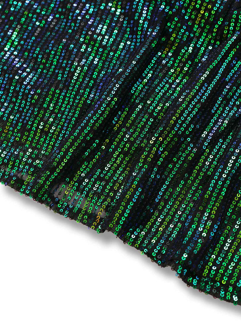 Grün 1930er Pailletten Tief V Tüll Ärmellos Kleid