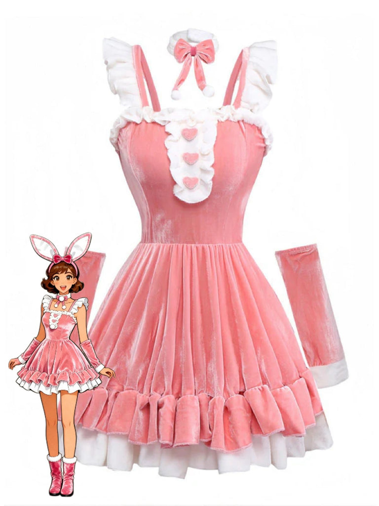 Rosa 1970er Weihnachten Samt Rüschen Bunny Girl Kleid Set