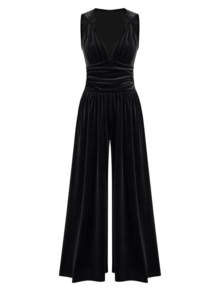 2PCS Schwarz 1950er Netz Top & Samt Jumpsuit