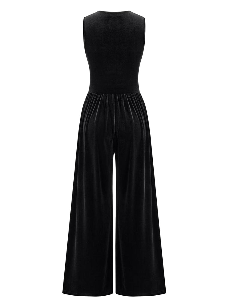 2PCS Schwarz 1950er Netz Top & Samt Jumpsuit