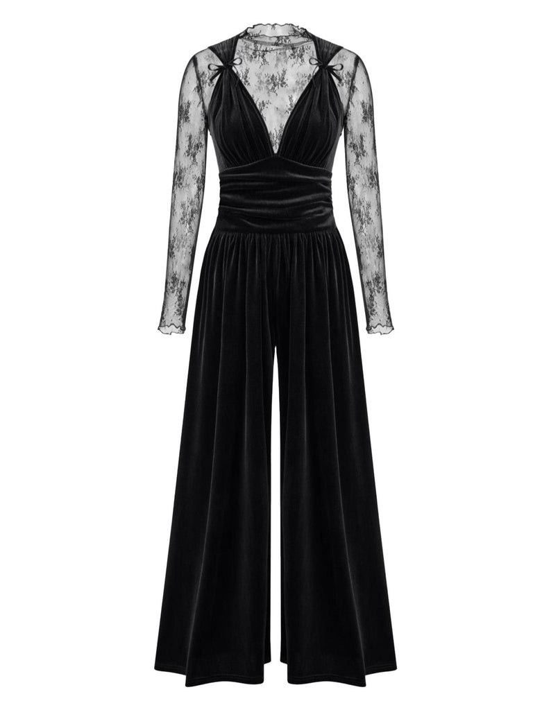 2PCS Schwarz 1950er Netz Top & Samt Jumpsuit