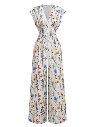 Beige 1950er Blumen V-Ausschnitt Flügelärmel Jumpsuit