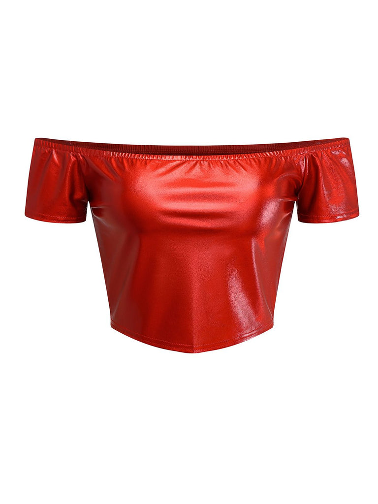 2PCS Metallisch 1970 Disco Schulterfrei Top & Plissiertes Rock