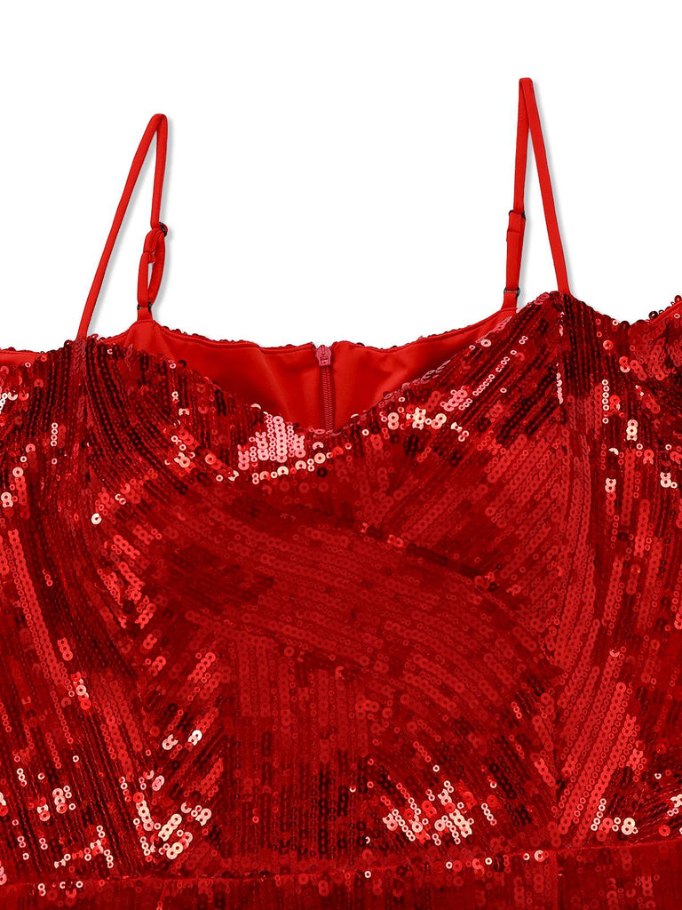 [Vorverkauf] Rot 1960er Kalte Schulter Pailletten Bleistift Kleid