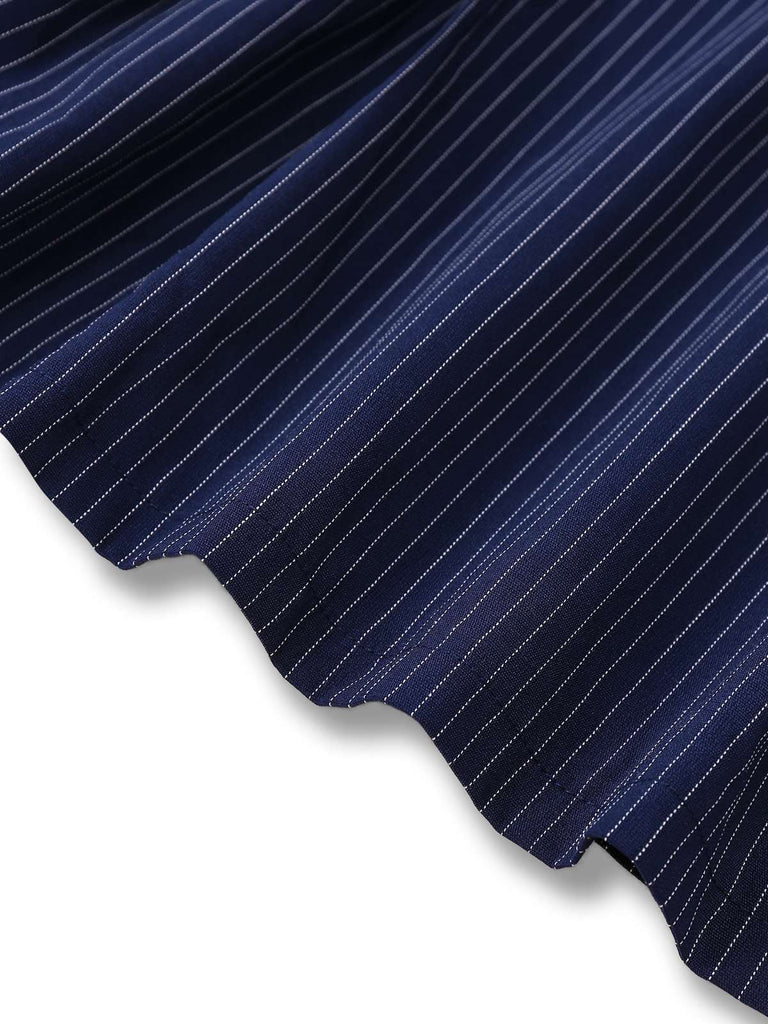 [Vorverkauf] Blau 1970er Nadelstreifen Plissiertes Hemd Kragen Kleid