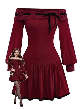 Rot 1960er Schulterfrei Bogen Stricken Laternenärmel Kleid