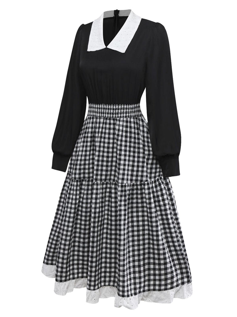 [Vorverkauf] Schwarz 1950er Plaid Patchwork Stickerei Spitze Kleid