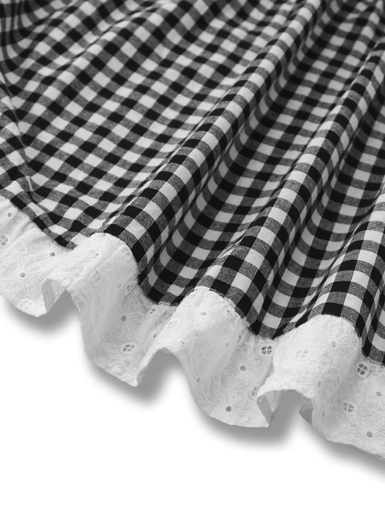 [Vorverkauf] Schwarz 1950er Plaid Patchwork Stickerei Spitze Kleid