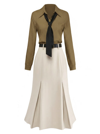 [Vorverkauf] Beige 1930er Streifen Revers Abnehmbare Krawatte Kleid