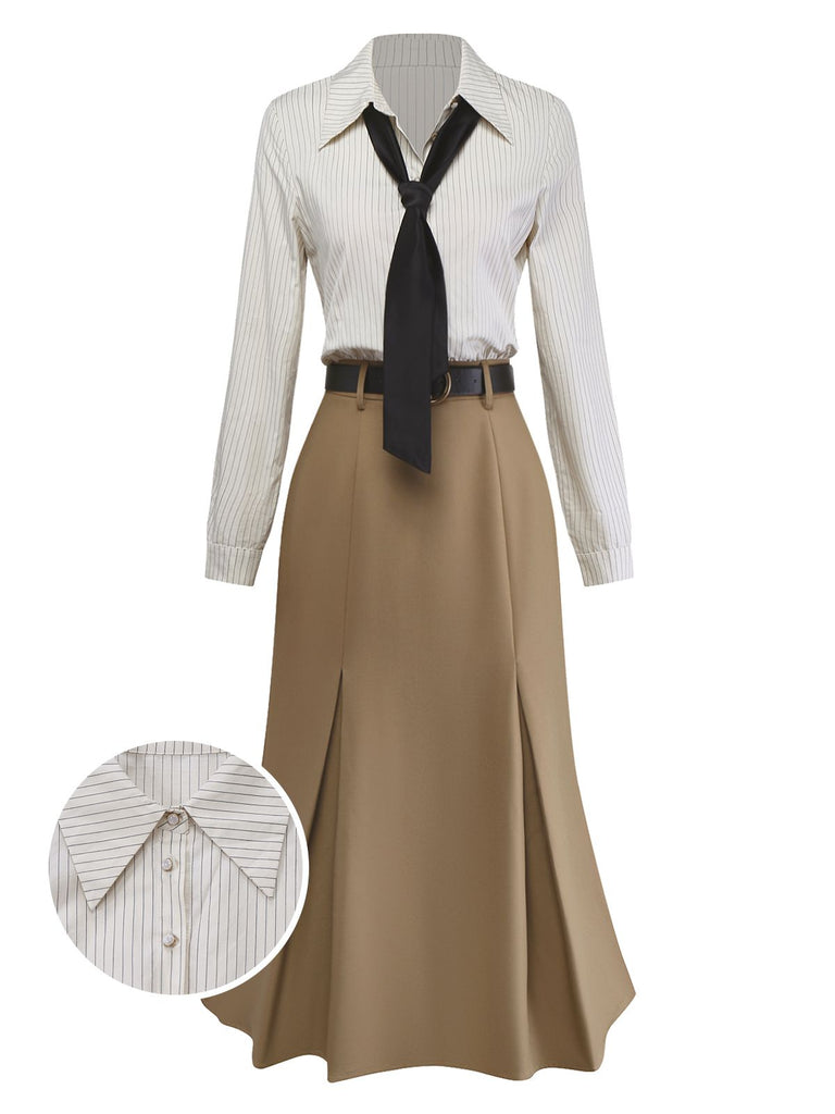 [Vorverkauf] Khaki 1930er Streifen Revers Abnehmbare Krawatte Kleid